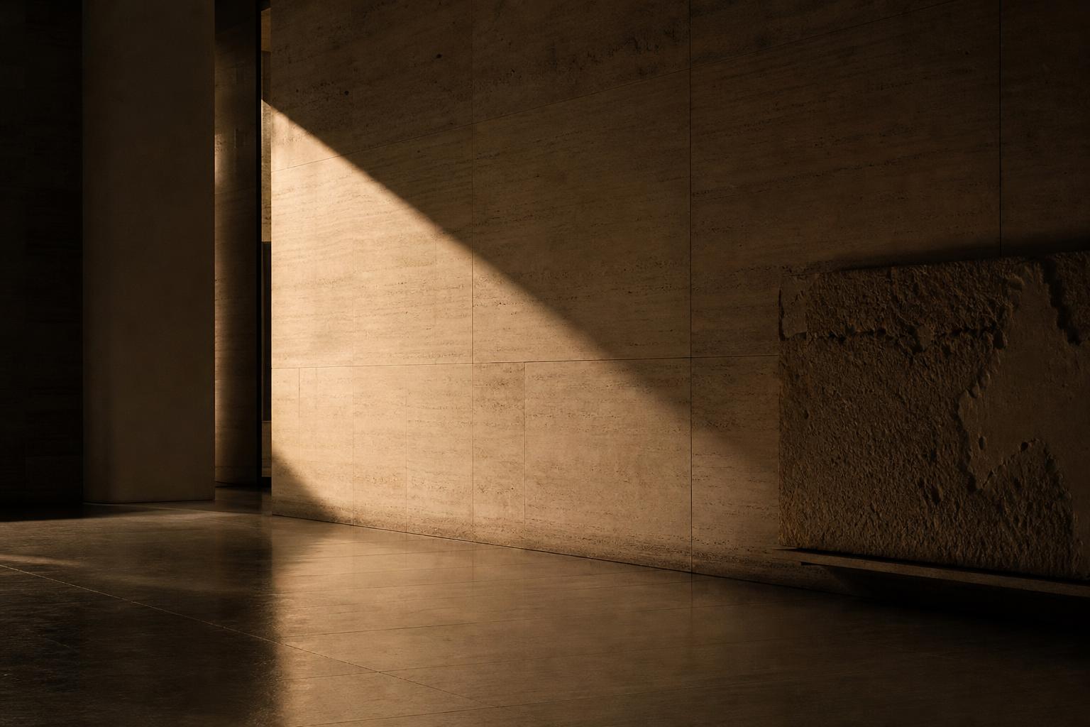 Architectural travertine wall with a single diagonal shaft of light