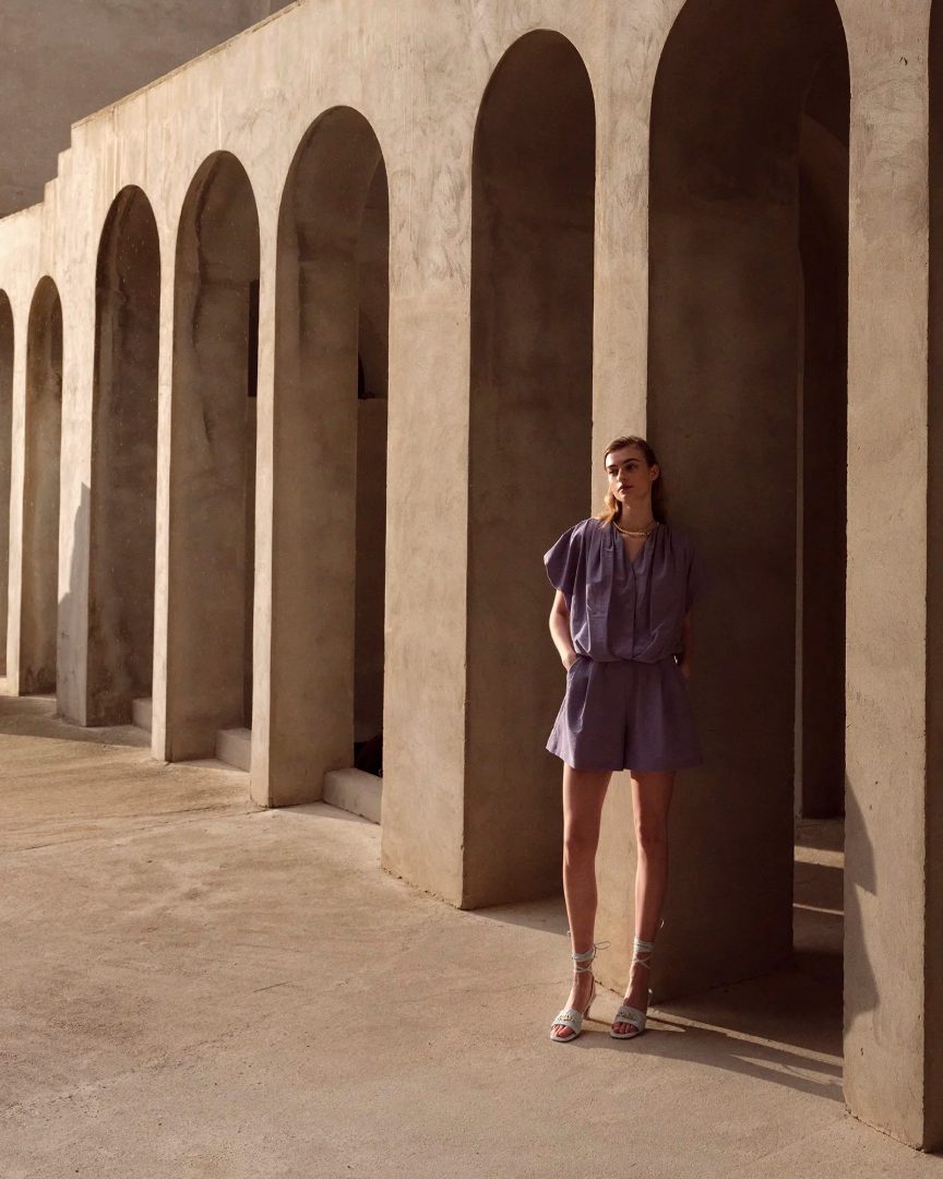 Sunlit arcade — figure beneath an arch, warm stone in raking light